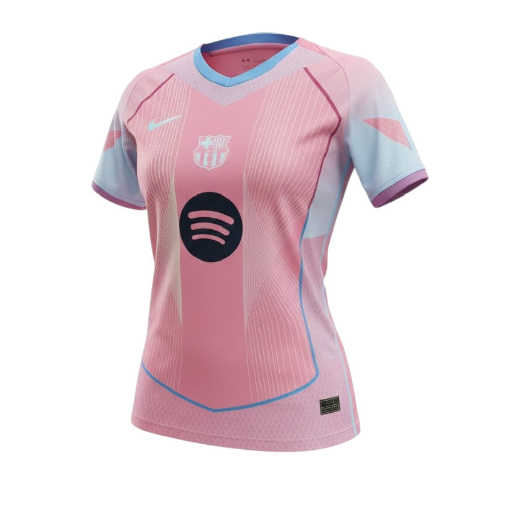 T-Shirt mulher Velukz Barcelona rosa, com design gráfico, vista frontal, tamanho 25/26, tecido leve e confortável.