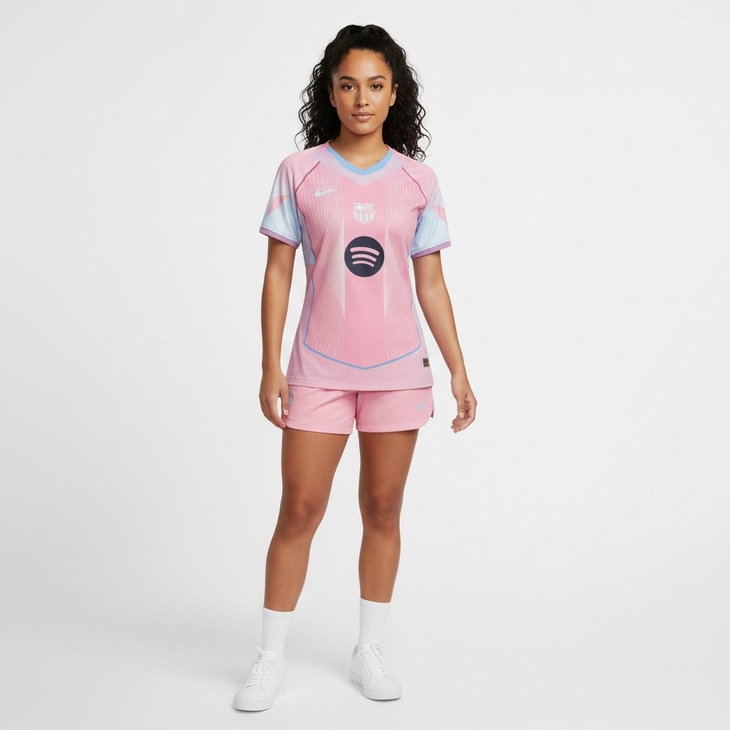 T-shirt feminina Velukz Barcelona rosa, tamanho 25/26, com design colorido, vista frontal sobre fundo branco.