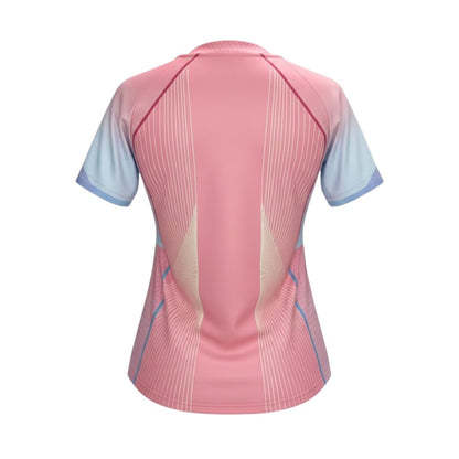 T-shirt feminina Velukz Barcelona rosa, com design de barras, em tecido leve e confortável, ideal para o dia a dia.
