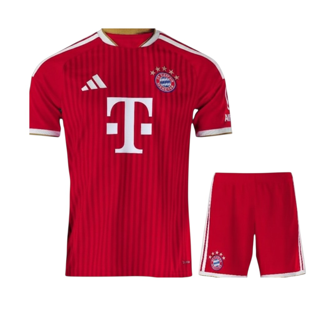 Kit criança Bayern Munique Velukz com camisa e shorts azul e branco, ideal para torcedores jovens do time alemão.