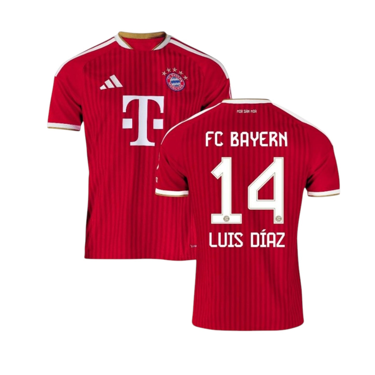 Camisa T-Shirt Principal Bayern Munique 26/27 com número e nome de Luis Díaz, marca Velukz, em destaque na imagem.