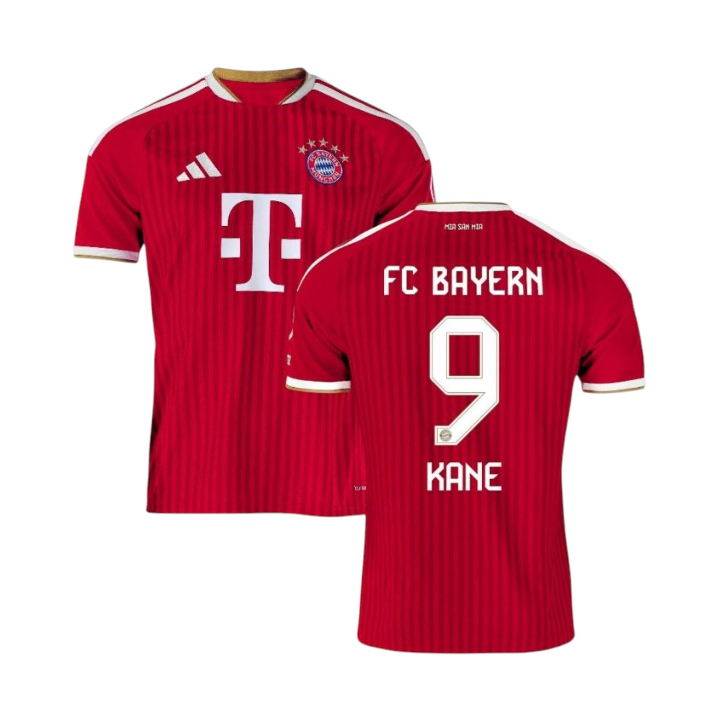 Camisa T-Shirt principal do Bayern Munique 2026/27 com nome e número de Kane, em cores tradicionais do time.