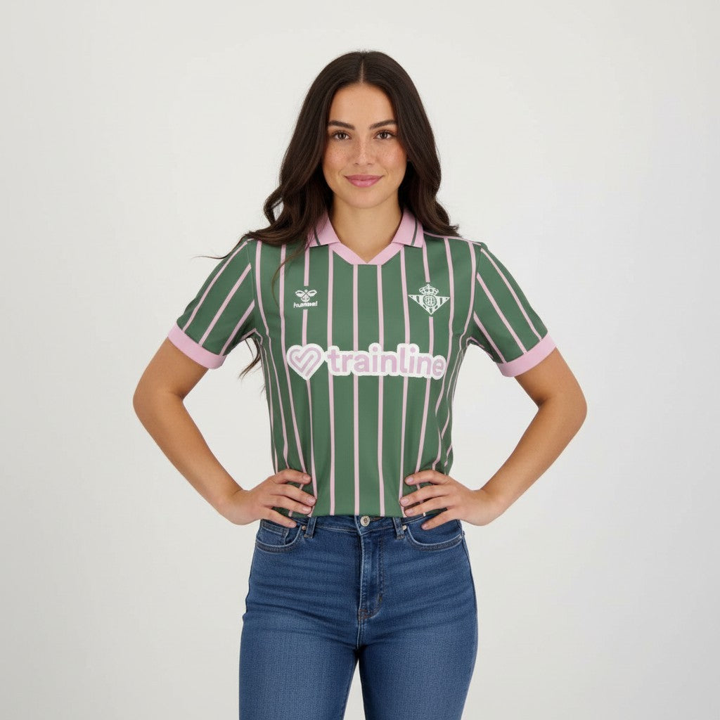 Camiseta feminina do Real Betis Balompié 2025/26 da Velukz, com design do clube verde e branco, vista frontal sobre fundo branco.