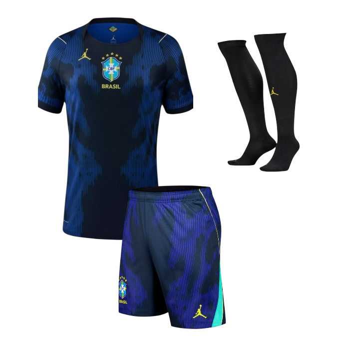 Camiseta infantil Velukz Brasil Alternativa 2026, com estampa de seleção brasileira, camiseta azul para crianças.