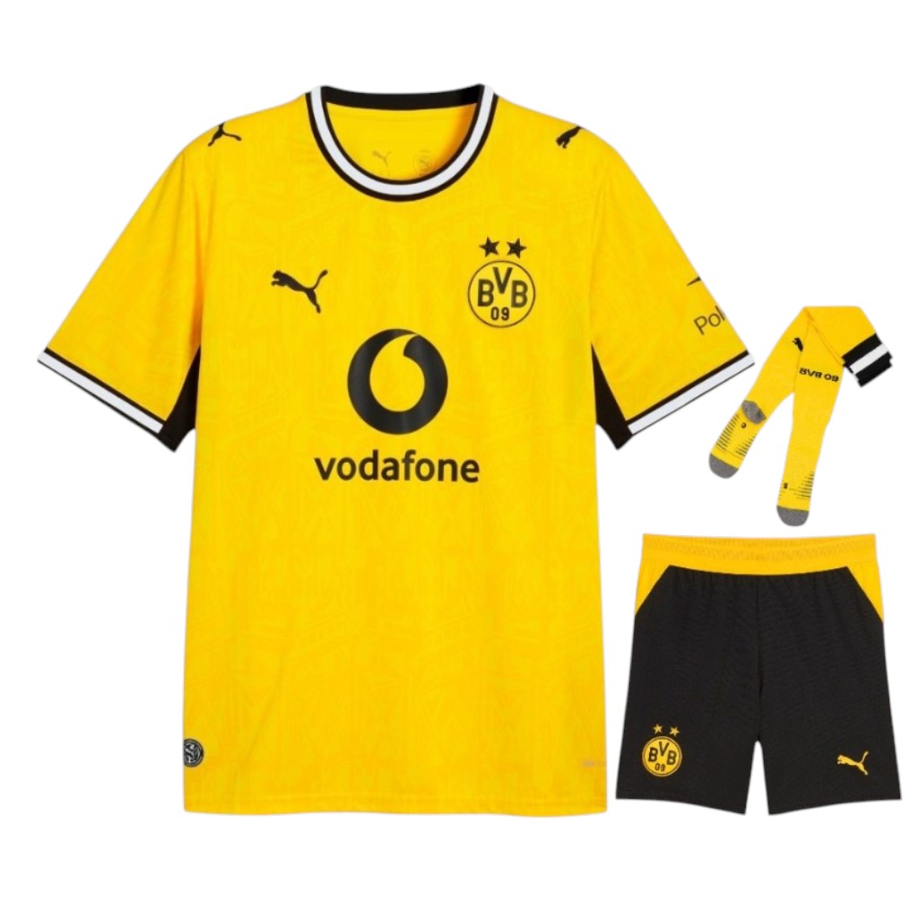 Camiseta infantil do time Borussia Dortmund 2026/2027, marca Velukz, exibida na imagem com detalhes do uniforme.