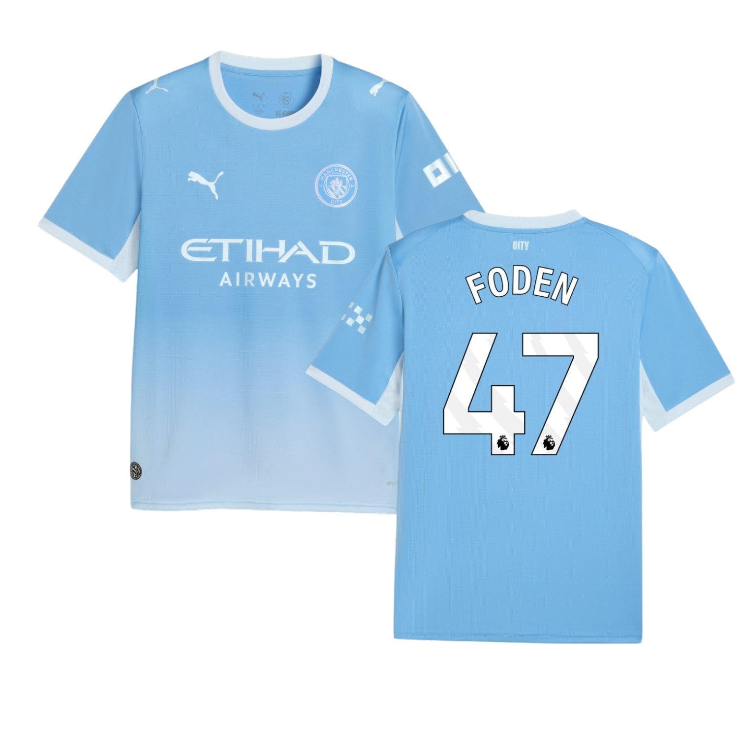 Camisa principal do Manchester City 26/27 de Foden, t-shirt azul com logo e detalhes do time, marca Velukz.