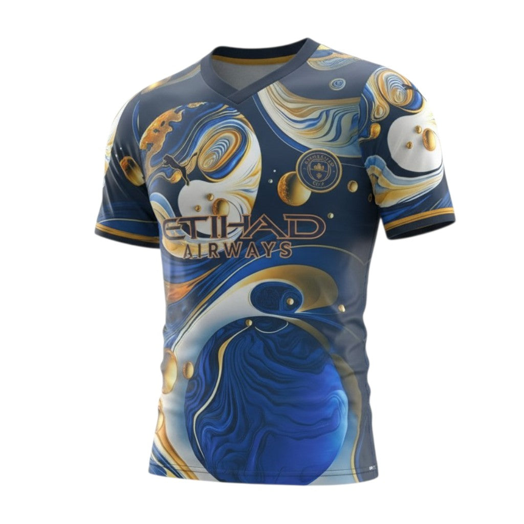 Velukz Manchester City T-Shirt featuring club colors and logo, displayed on a mannequin against a neutral background.