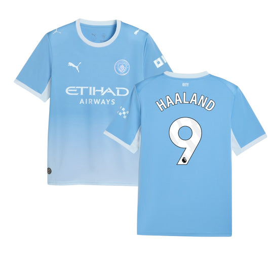 Camisa principal do Manchester City com o nome Haaland, camiseta da Velukz para torcedores do time.