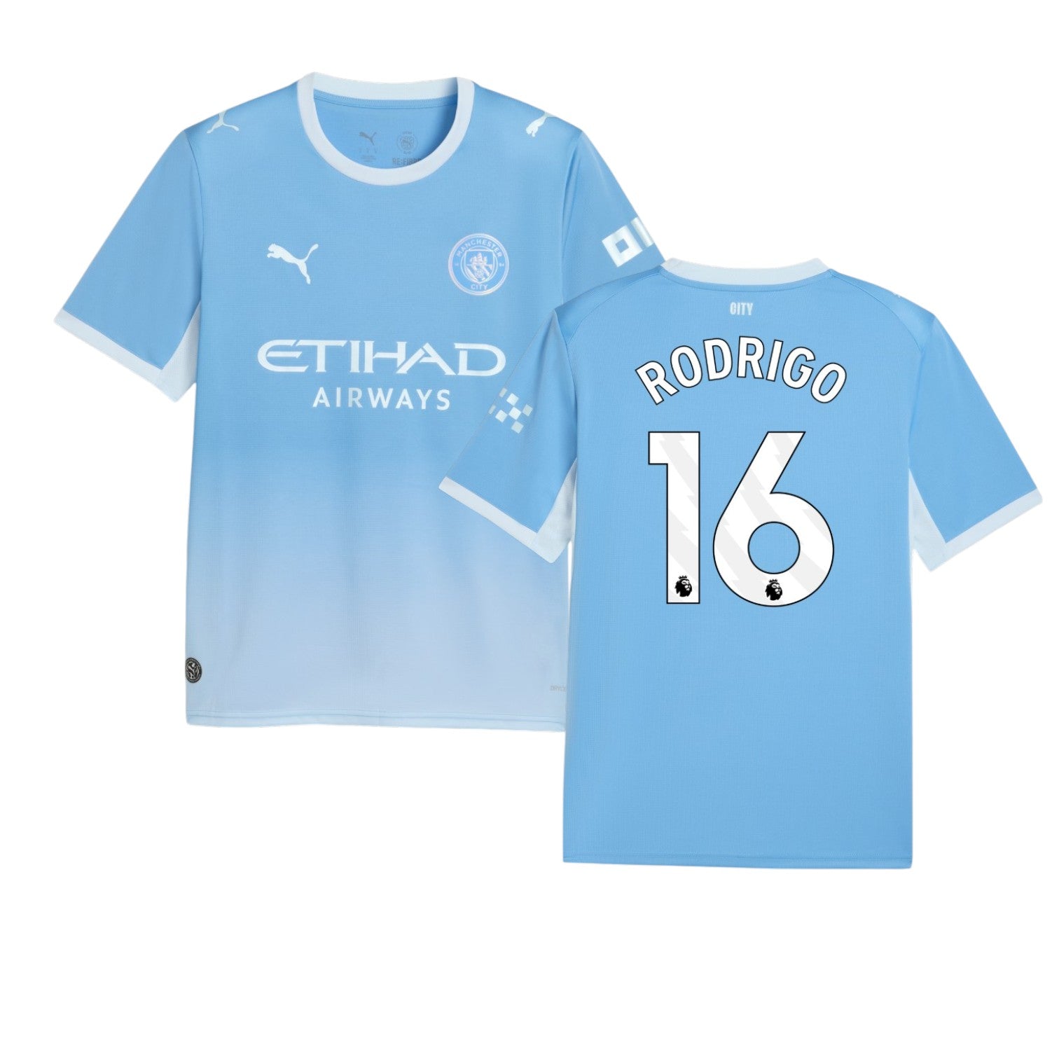 Camisa T-Shirt Principal Manchester City 26/27 Velukz com destaque para Rodrigo, camisa esportiva com detalhes do time.