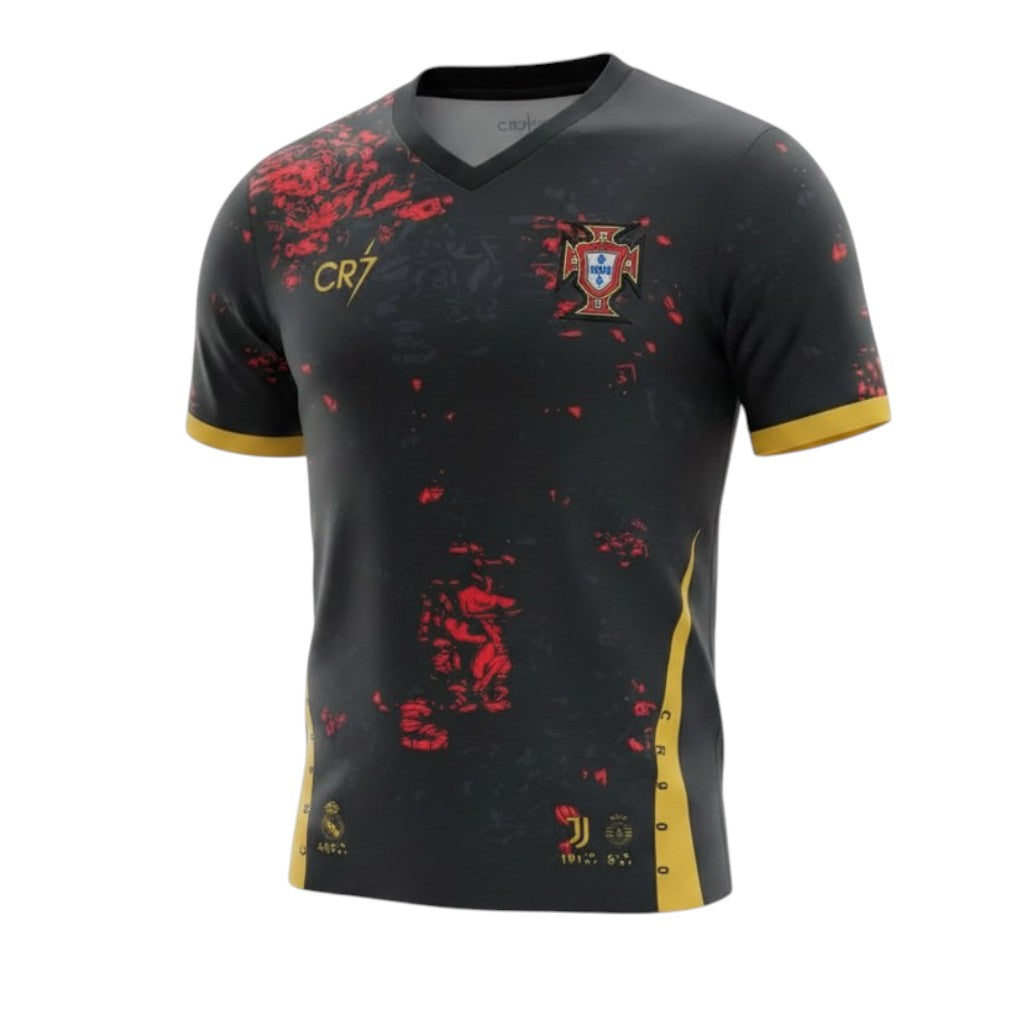 Camisa T-Shirt Velukz Especial Portugal com logo do CR7, feita de algodão branco, com estampa do jogador Cristiano Ronaldo.