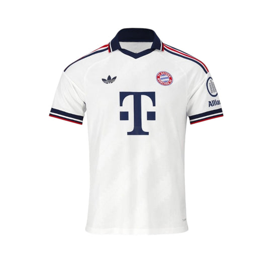 Camisola alternativa do Bayern Munich 26-27, camiseta esportiva da marca Velukz, com detalhes do time na frente.