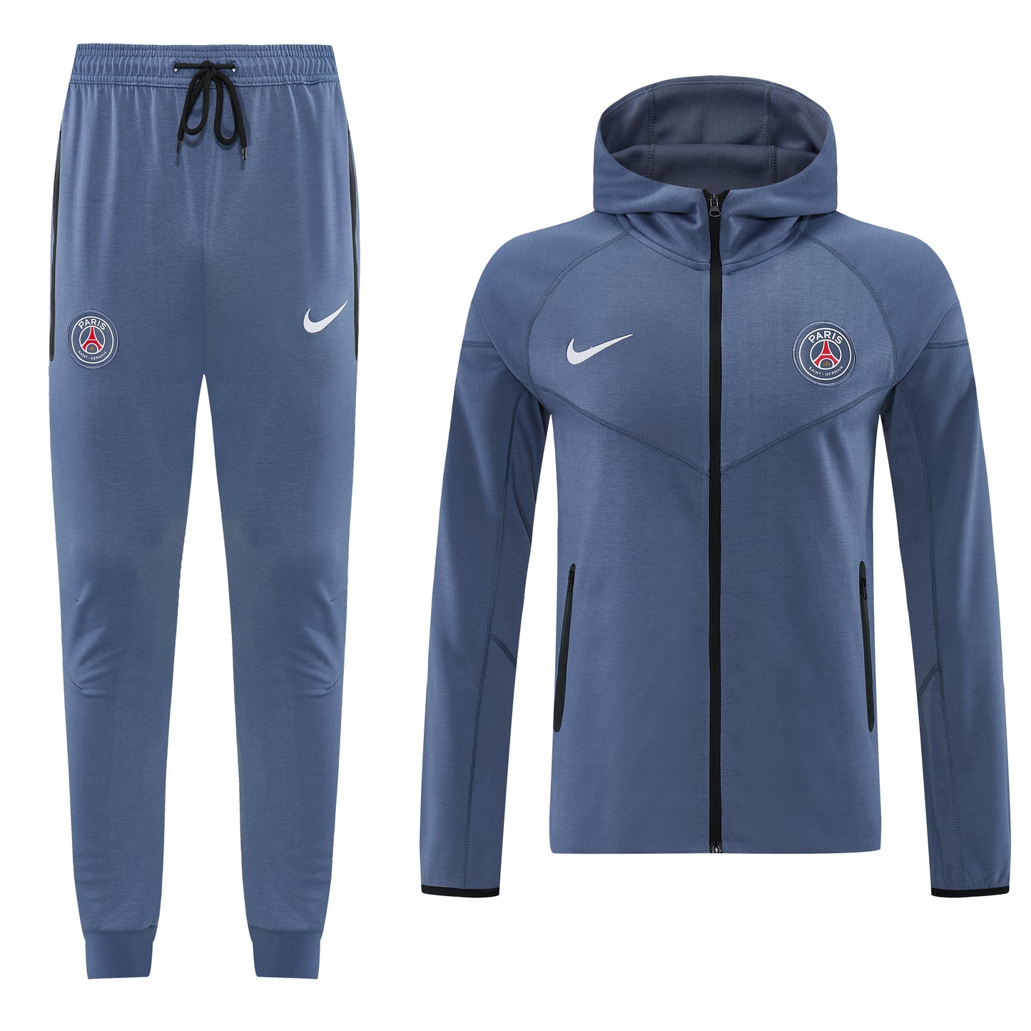 Conjunto de moletom Paris-Saint-Germain Velukz, com logotipo e detalhes em azul e vermelho, ideal para fãs de futebol.