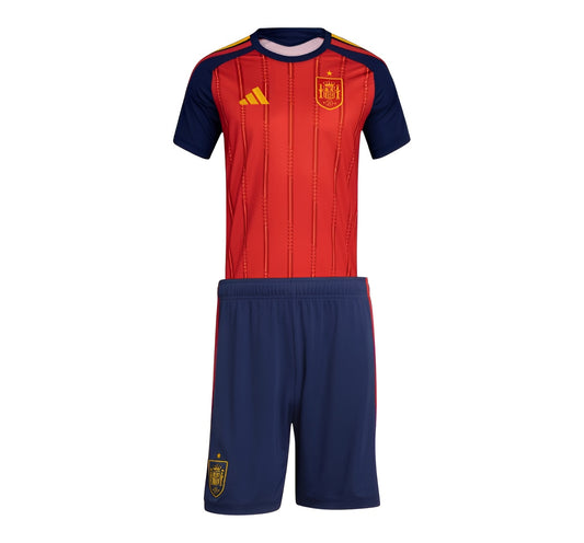 Kit criança Velukz Espanha 2026 com camiseta, boné e mochila, ideal para fãs da seleção espanhola de futebol.