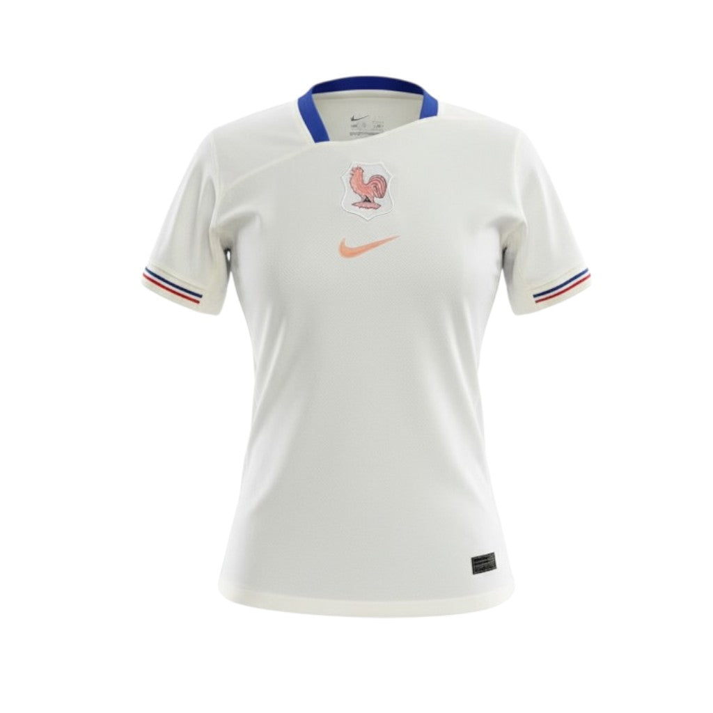 Camisa T-Shirt Alternativa Mulher França 2026 da Velukz, com design estilizado, cor branca e detalhes da seleção francesa.