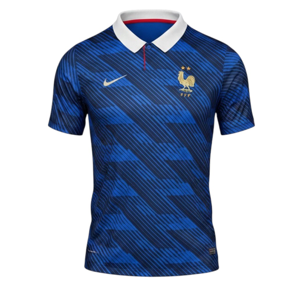 Camiseta principal da França na Copa do Mundo 2026, marca Velukz, com detalhes do design na frente.
