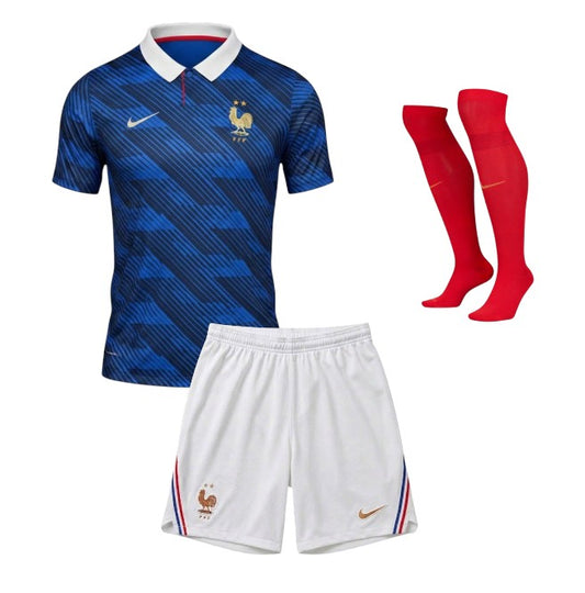 Camiseta infantil Velukz Kit Criança Principal França 2026, com cores vibrantes e design inspirado na seleção francesa.