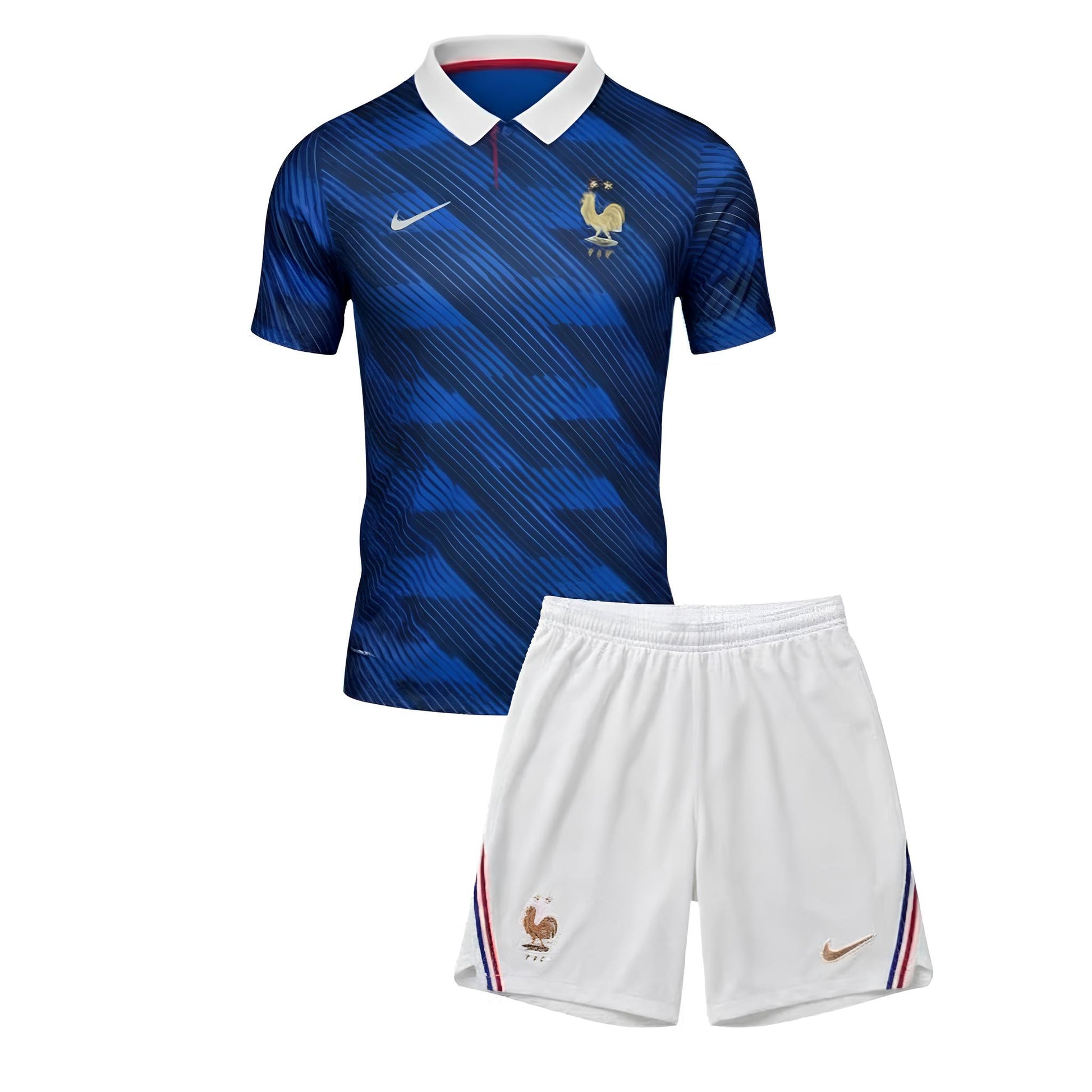 Conjunto de roupa infantil da França 2026, Kit Criança Velukz, com detalhes em cores da bandeira francesa, ideal para crianças.
