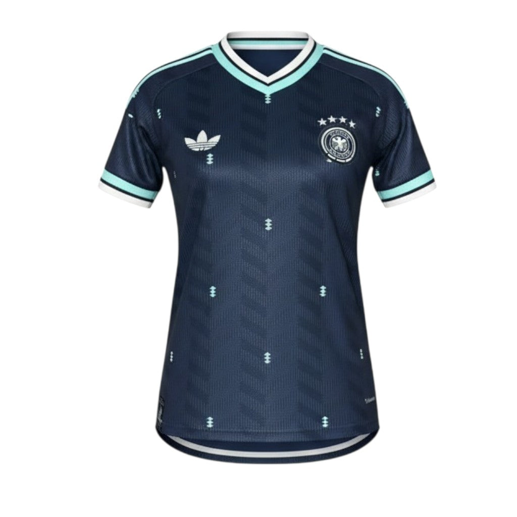 T-Shirt Alternativa Mulher Alemanha 2026 da Velukz, azul com estampa do símbolo da seleção alemã, vista frontal.