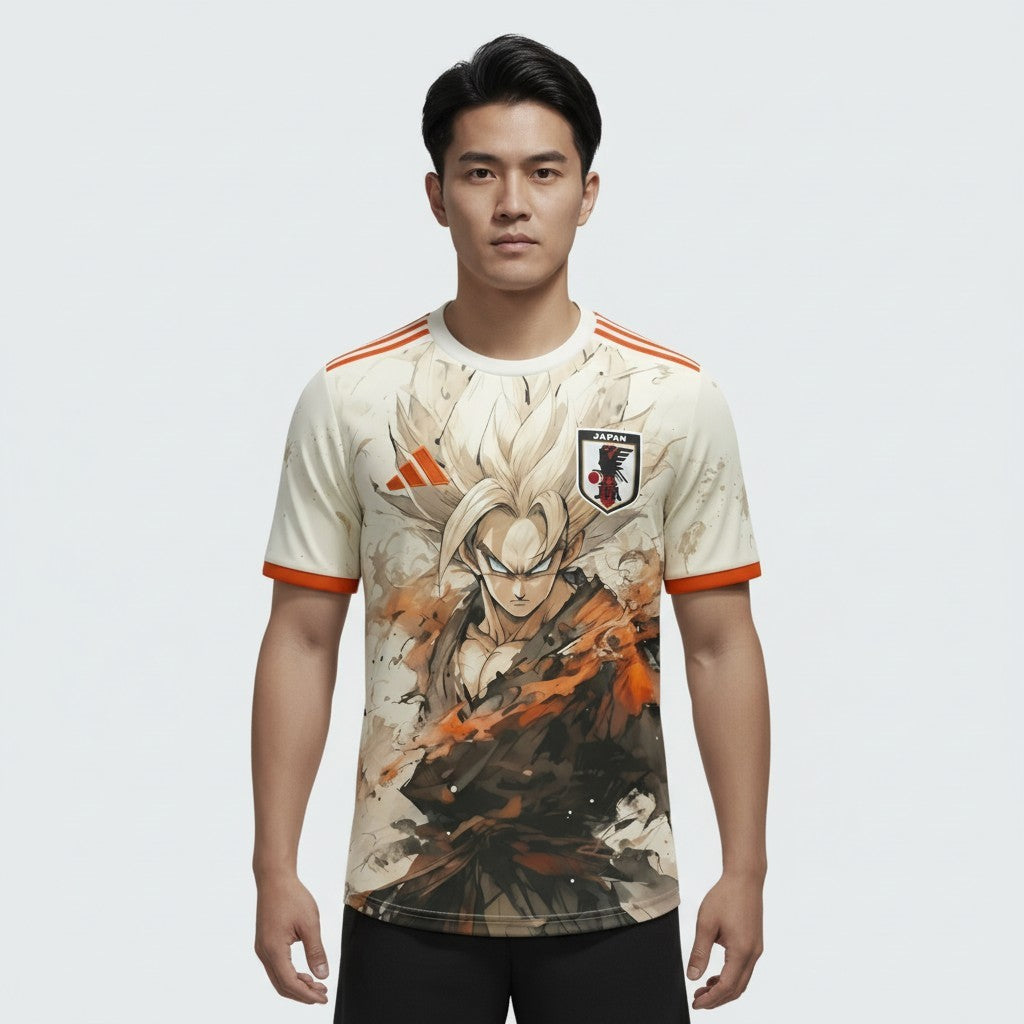 T-Shirt Velukz Japão 2025 com design de Goku, personagem de anime, em cores vibrantes e detalhes visuais destacados.