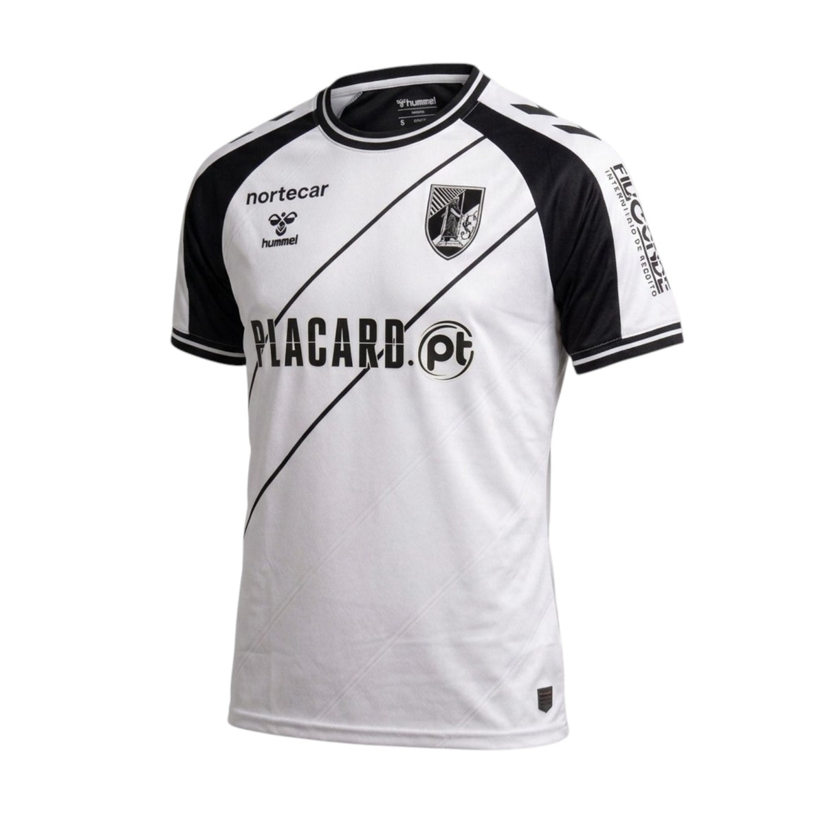 Camisola de futebol Velukz Vitória SC Guimarães, camiseta principal para crianças, azul com detalhes brancos.