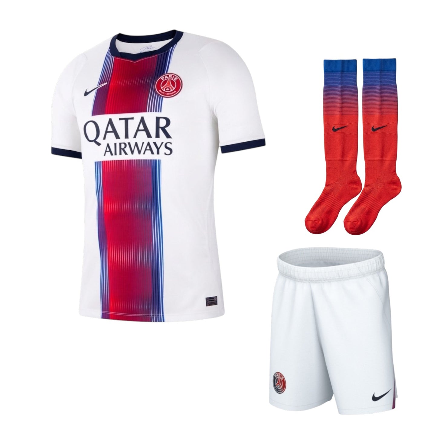 Kit criança Velukz PSG 26-27, uniforme de futebol da equipe, com detalhes do time e cores oficiais em destaque.
