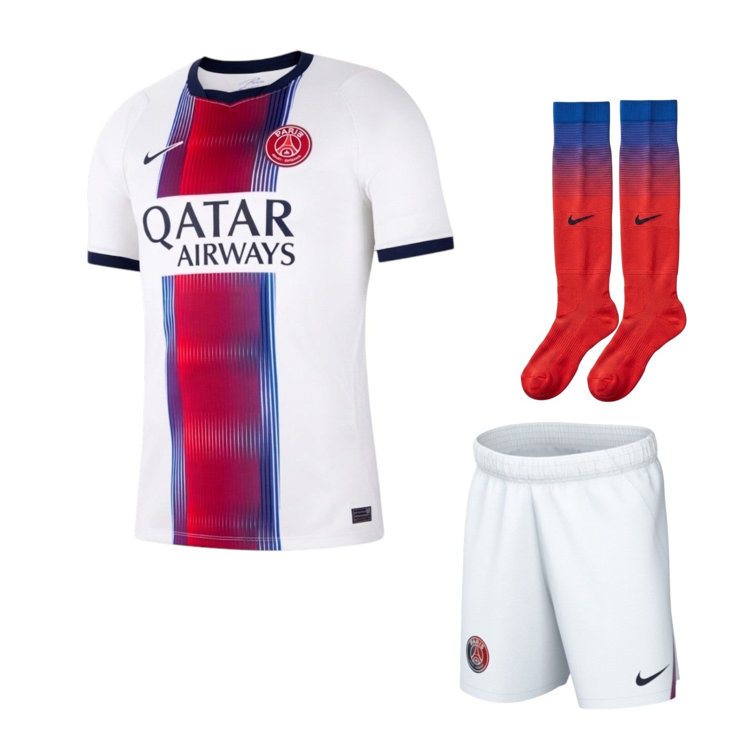 Kit criança Velukz PSG 26-27, uniforme de futebol da equipe, com detalhes do time e cores oficiais em destaque.