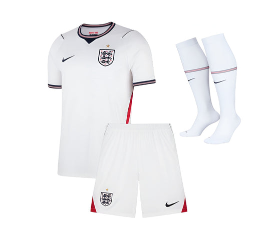Conjunto de camiseta e shorts para criança da seleção Inglaterra 2026, marca Velukz, com cores e detalhes esportivos.