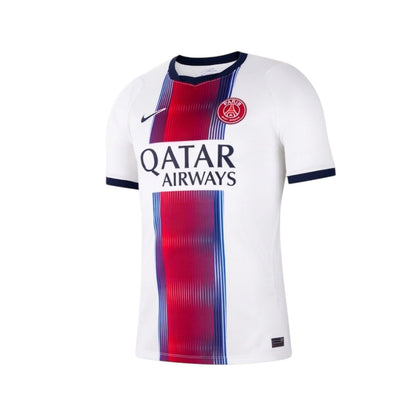 Camisola alternativa PSG 26-27 da Velukz, camiseta de time de futebol com detalhes do uniforme.