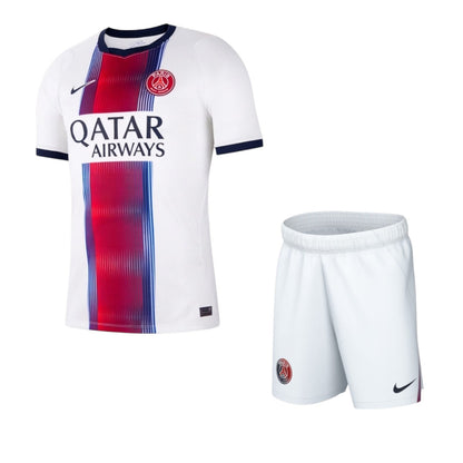 Kit criança Velukz PSG 26-27, uniforme de futebol para crianças, com detalhes do time Paris Saint-Germain na imagem.