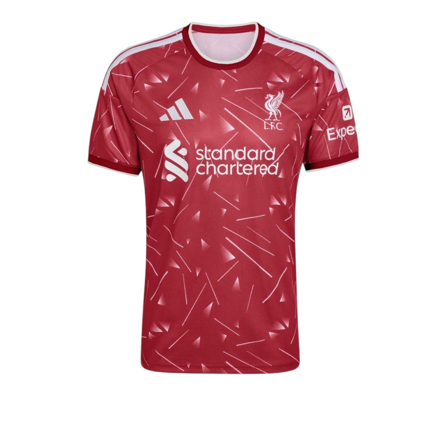 Camiseta principal do Liverpool da marca Velukz, com estampa do time, disponível em tamanhos 26/27, em tecido confortável.