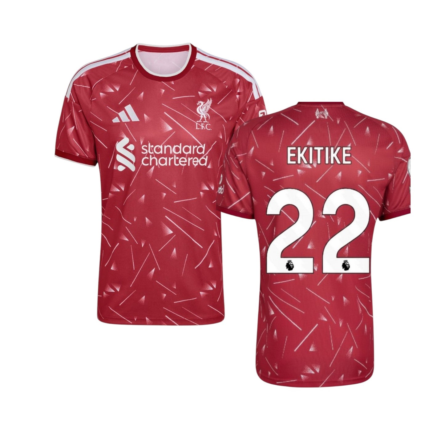 Camisa principal do Liverpool da EKITIKE, marca Velukz, com detalhes do escudo e cores vermelha e branca.