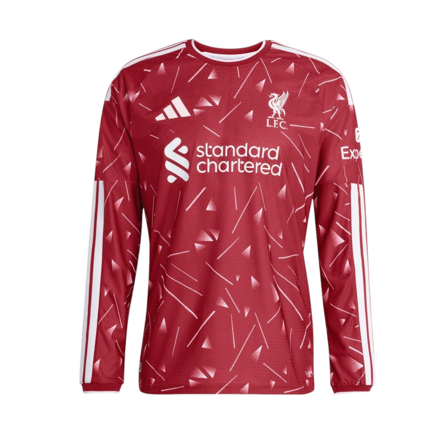 Camiseta principal Liverpool manga comprida Velukz, vista frontal com detalhes do time e logo visíveis.