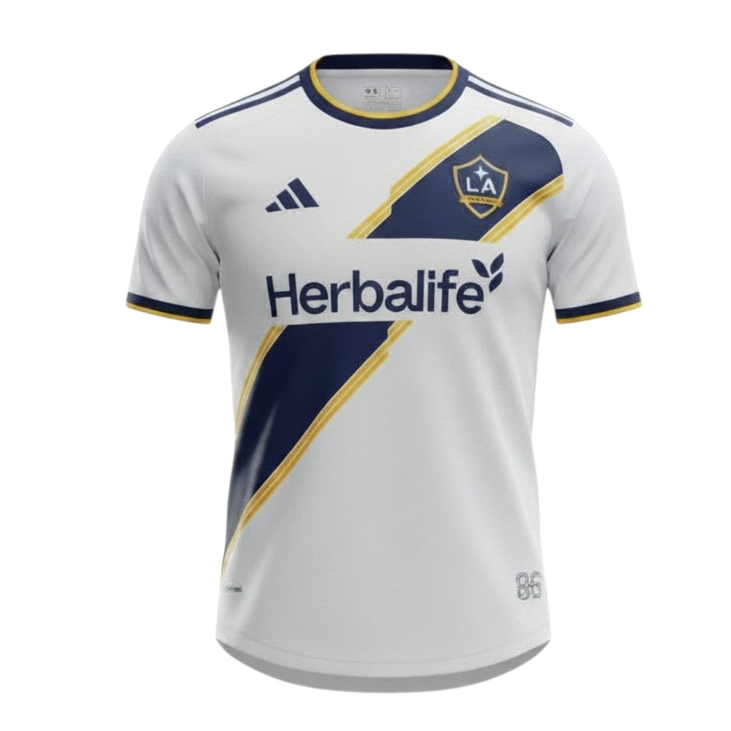 Camiseta Principal Los Angeles Galaxy da Velukz, em azul com logo do time, vista frontal.
