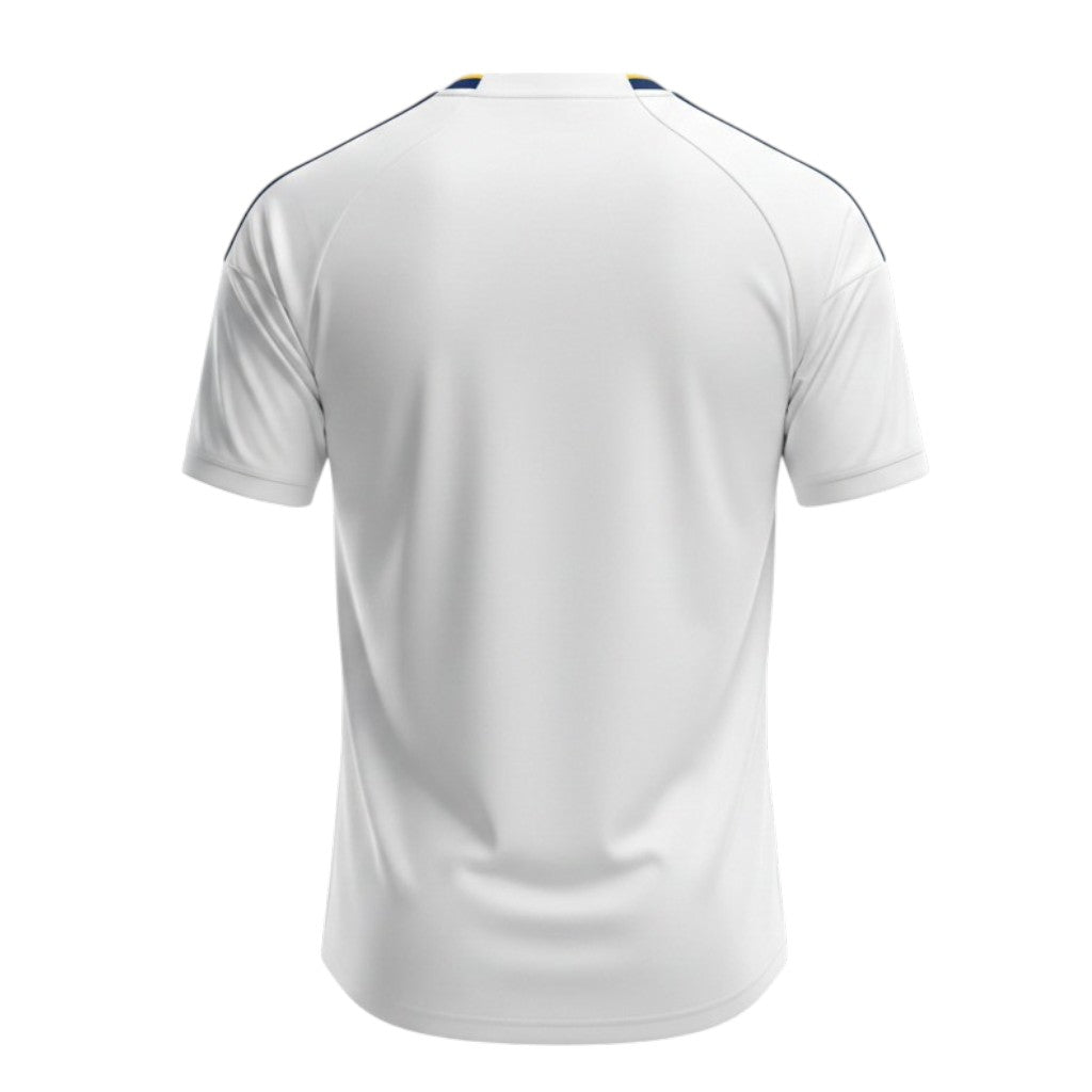 Camiseta principal Los Angeles Galaxy Velukz, design com logotipo e gráficos coloridos, vista frontal em fundo branco.