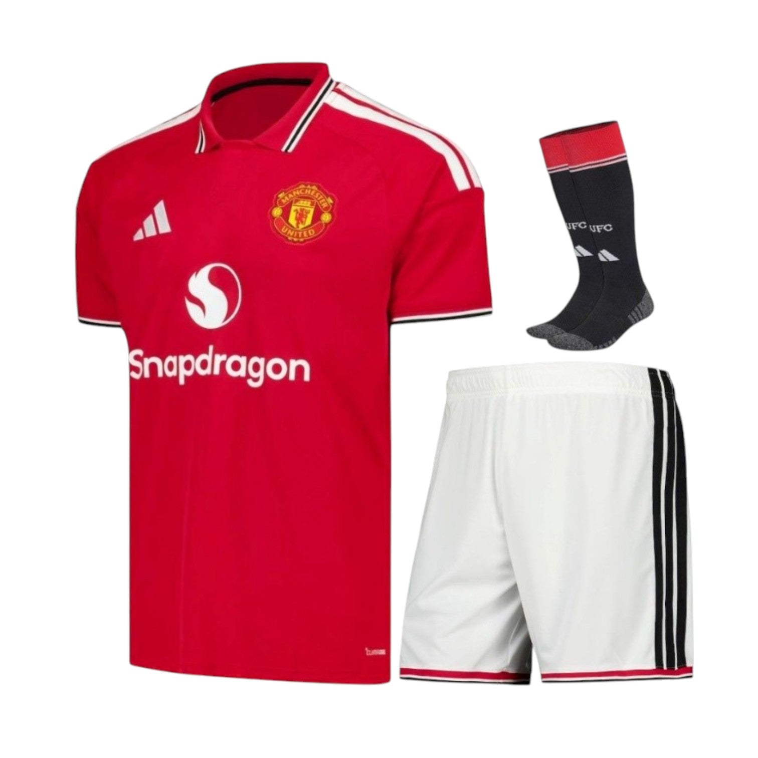 Conjunto de roupa de criança do Manchester United 26/27, marca Velukz, com camiseta e shorts em cores do time.