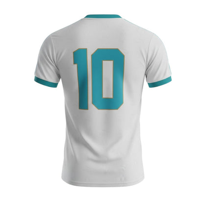 T-Shirt Velukz Marselha 10th Edição Especial com logotipo e detalhes em azul e branco, vista frontal sobre fundo branco.