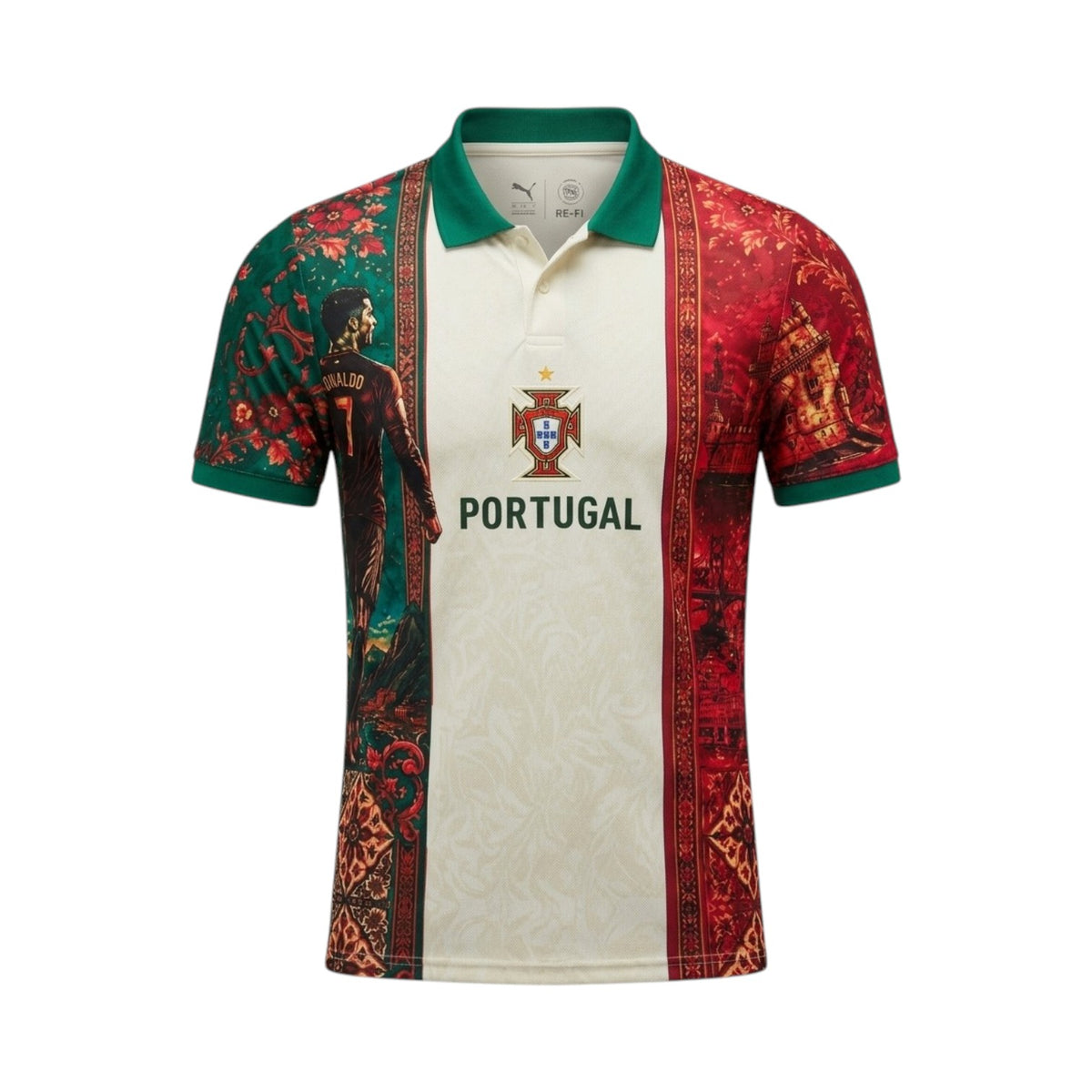 Camisola especial Portugal da Velukz, camiseta casual com design patriótico, exibida na imagem com detalhes coloridos e confortável.