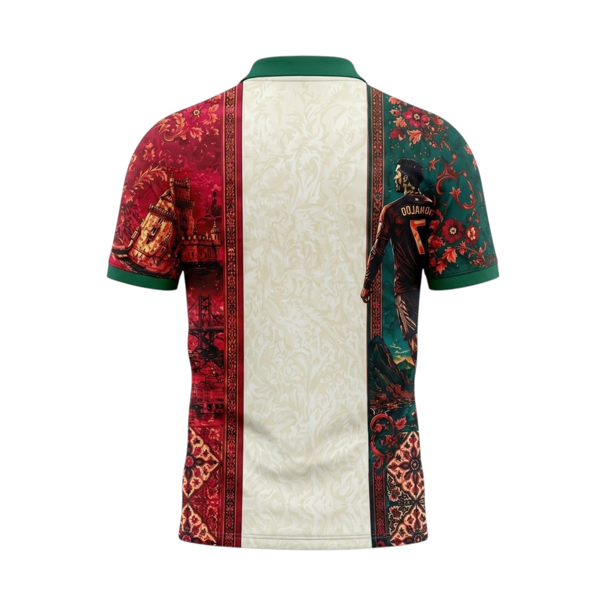 Camisola especial Portugal Velukz, camiseta branca com detalhes coloridos, exibida na imagem com estampa e tecido leve.