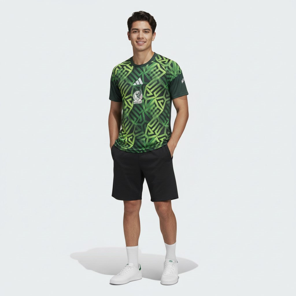 Camiseta pré-jogo do México 26/27 da Velukz, com design oficial, em tecido confortável e detalhes coloridos.