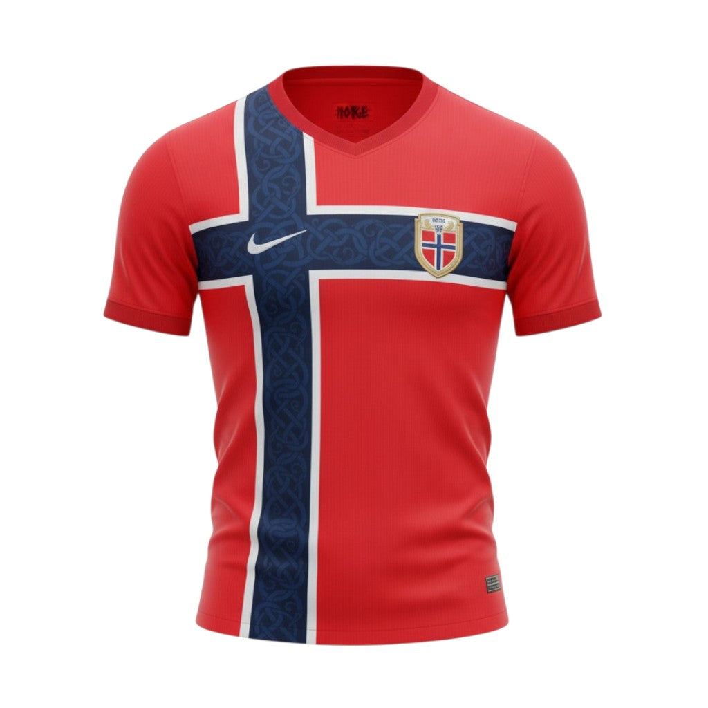 Camiseta principal Velukz com design de Noruega 26/27, com mapa e elementos gráficos de Noruega, em cores vibrantes.