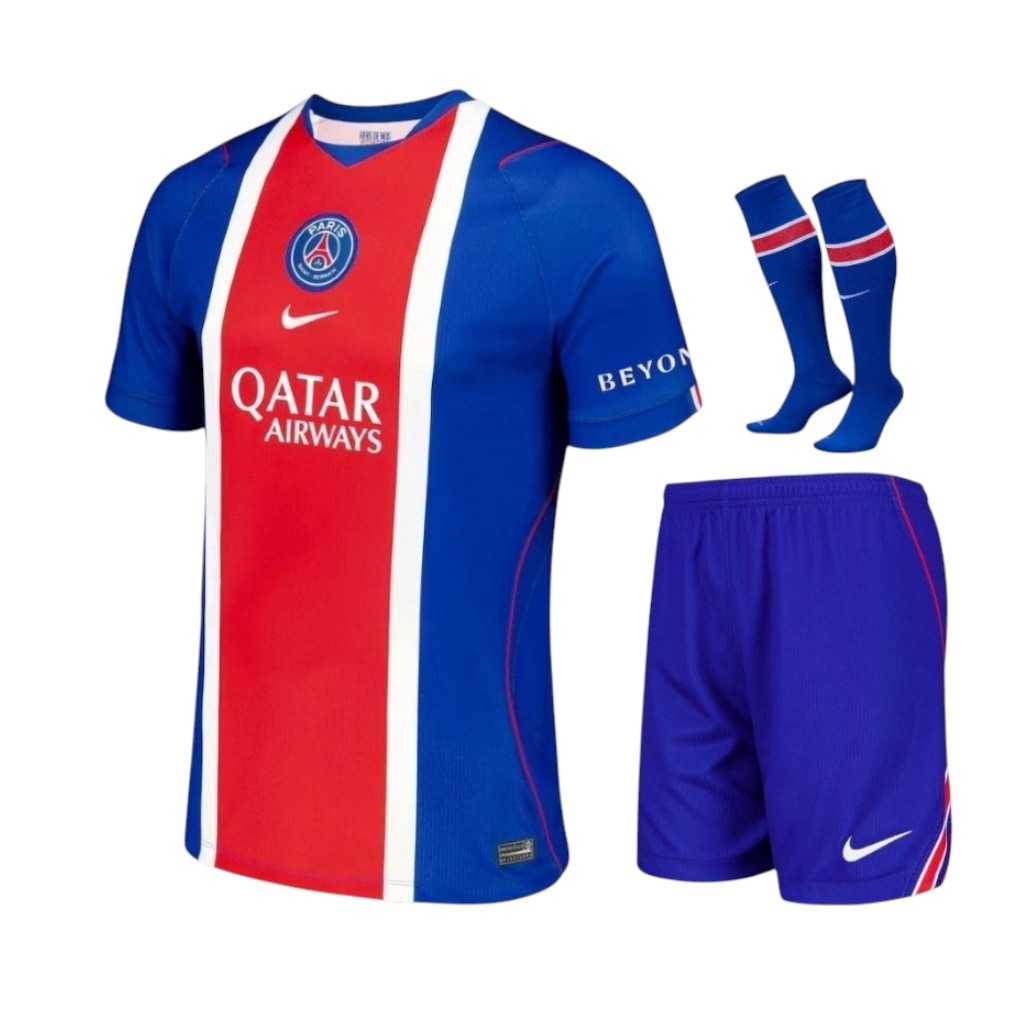 Kit criança principal PSG 2026/2027 da Velukz, uniforme com camisa e shorts oficiais, detalhes do time Paris Saint-Germain.