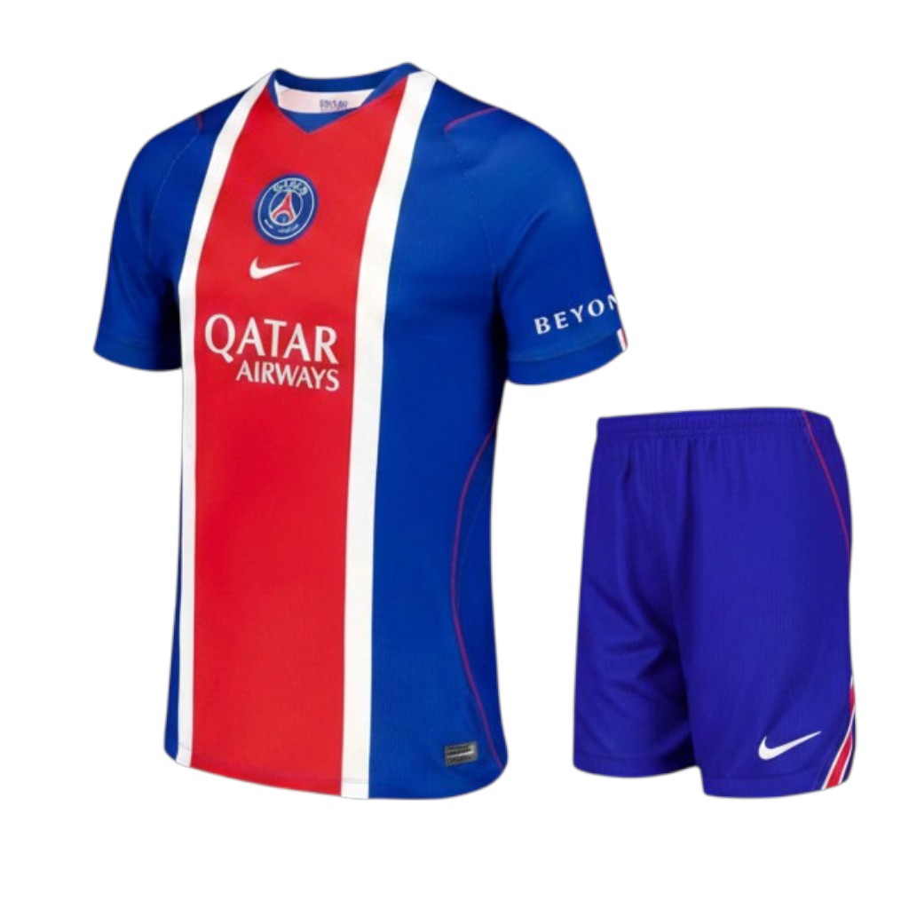 Kit criança principal PSG 26/27 da Velukz, com camisa e shorts do time Paris Saint-Germain para crianças.