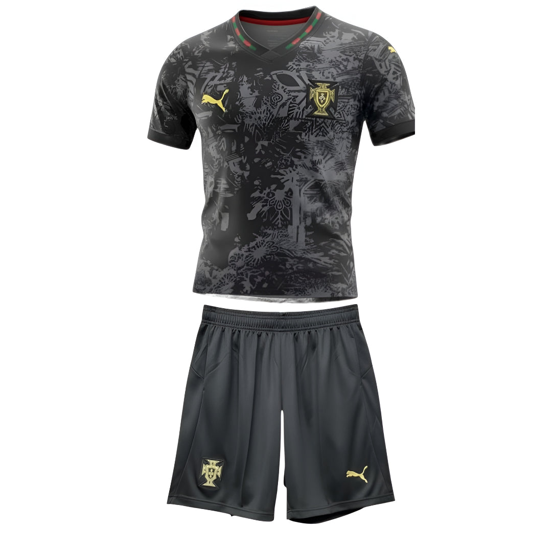 Kit Criança Especial Portugal 26/27 by Velukz, featuring vibrant colors and team logo, displayed on a white background.