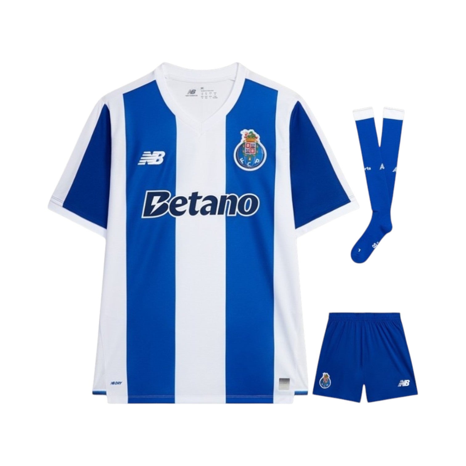 Kit criança do F.C. Porto 2026/2027 da Velukz, camiseta azul com detalhes brancos e escudo do time.