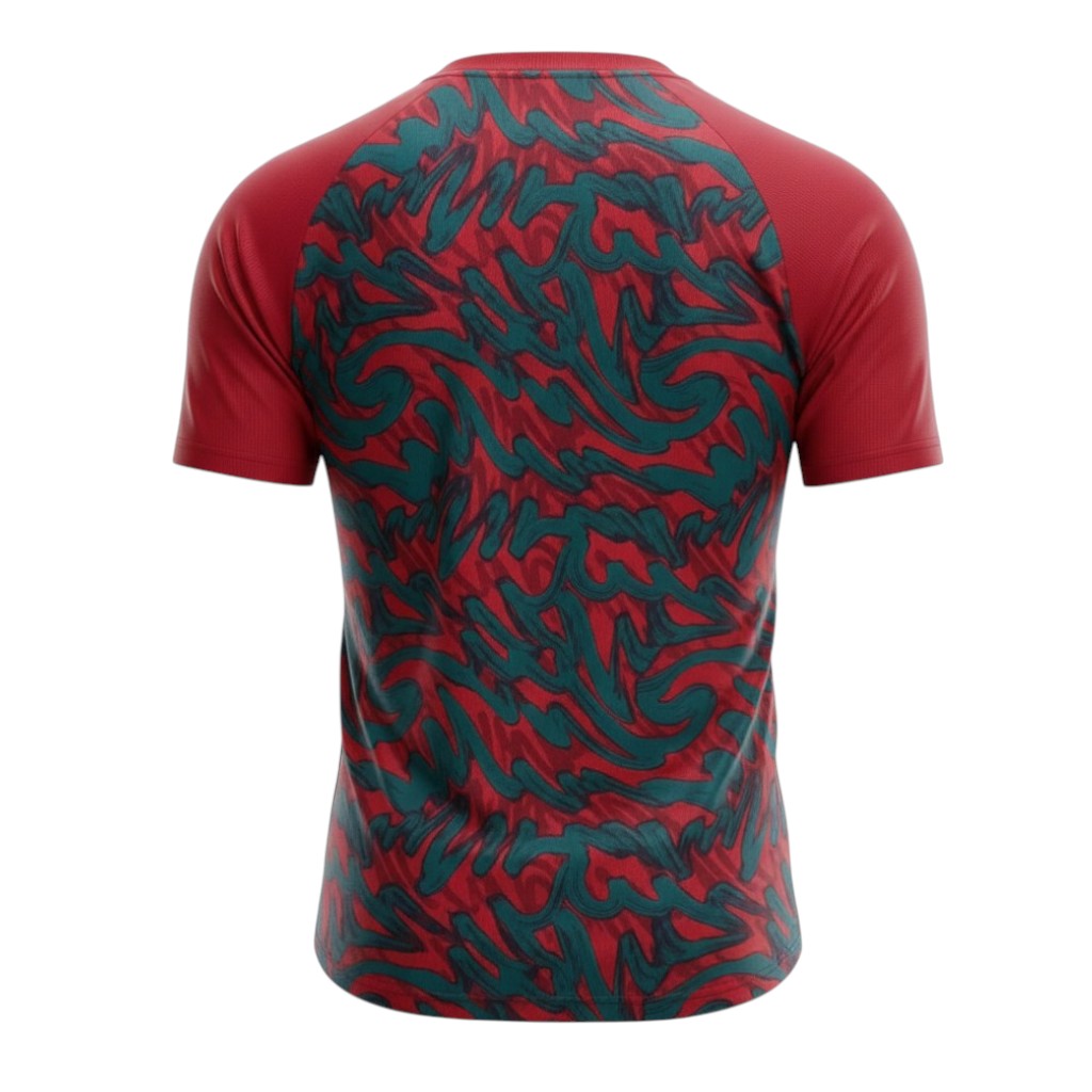 Camisa T-Shirt Aquecimento Portugal da Velukz, com design colorido e detalhe de impressão na frente, vista frontal.