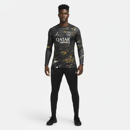 Camiseta manga comprida 5th PSG Velukz, com logotipo do Paris Saint-Germain e design azul e vermelho.