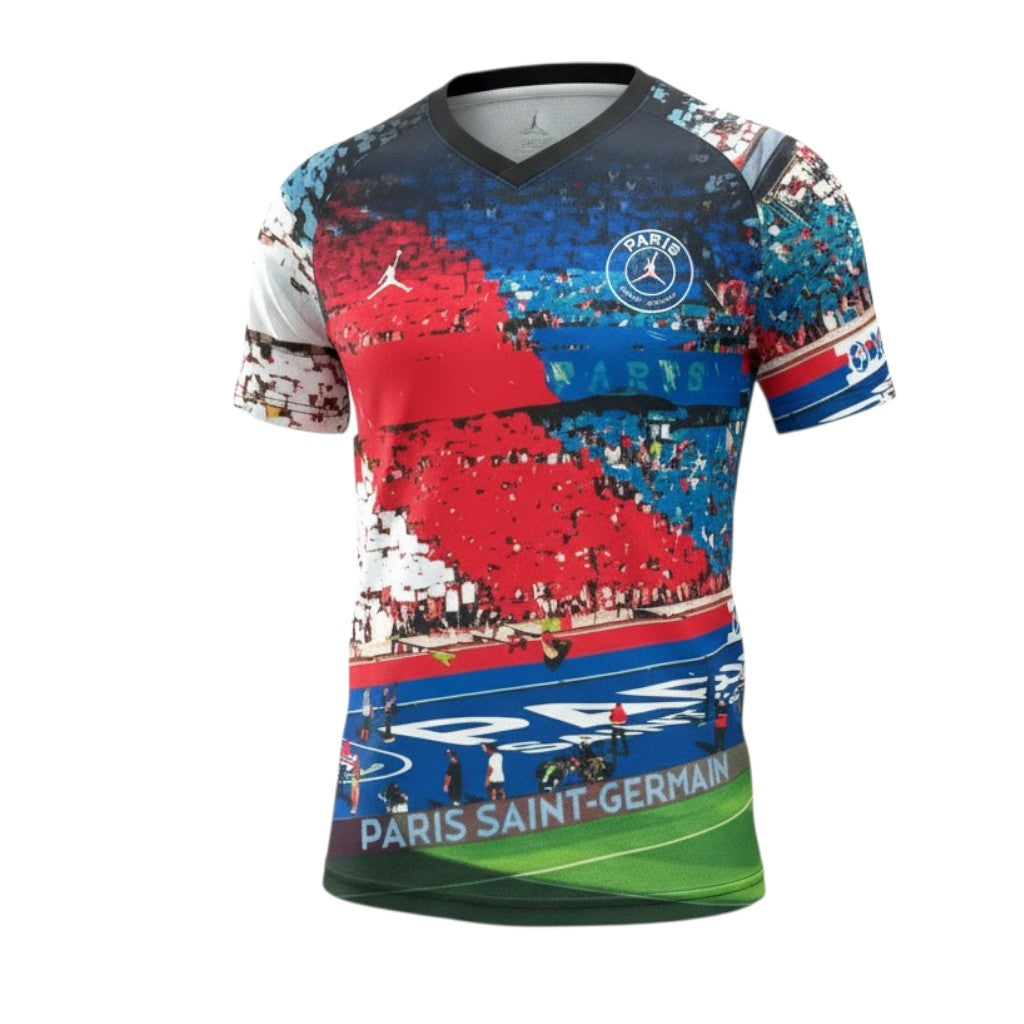 Camisola T-Shirt Velukz edição especial PSG 26/27 com logotipo e detalhes do clube de futebol Paris Saint-Germain.