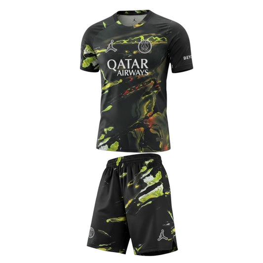 Conjunto infantil PSG Velukz, camiseta e shorts 25/26 para crianças, com cores tradicionais do time Paris Saint-Germain.