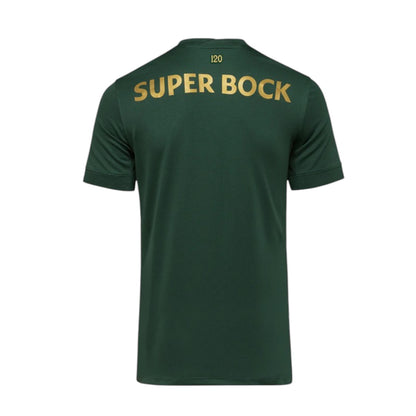 Camisola T-Shirt Sporting 120 anos Velukz, com detalhes comemorativos, em cores verdes e brancas, para fãs do Sporting.