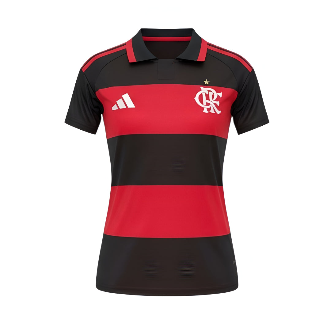 Woman wearing a Velukz Flamengo T-Shirt for 26/27 season, showcasing team colors and logo.